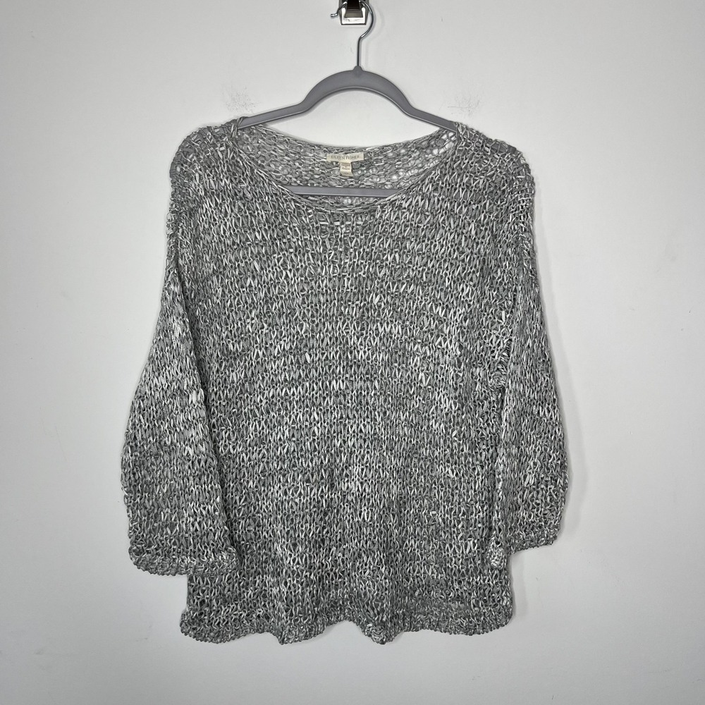 Eileen Fisher Sweater Womens Small Gray Open Knit Marled Scoop Neck 3/4 Sleeve